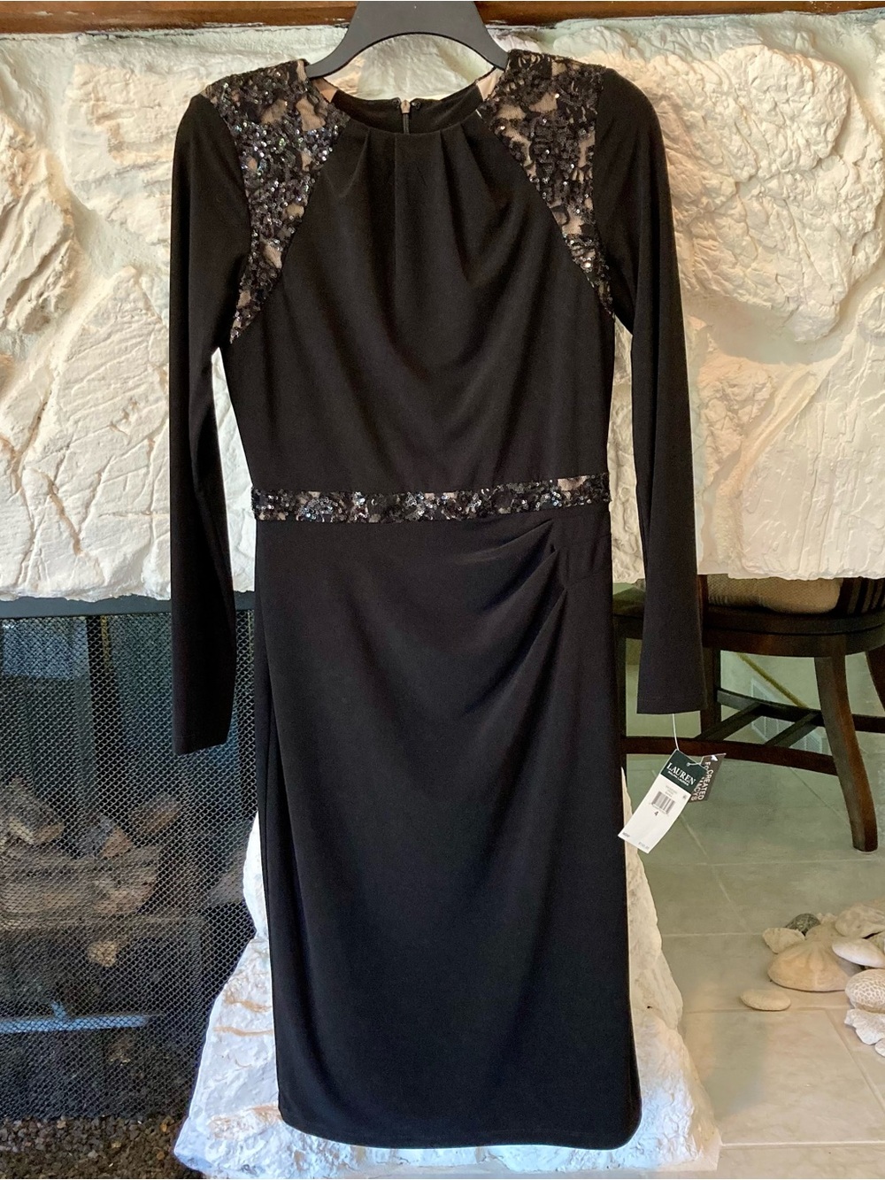 NWT Ralph Lauren size 4 black sequin embellished trim ruched dress